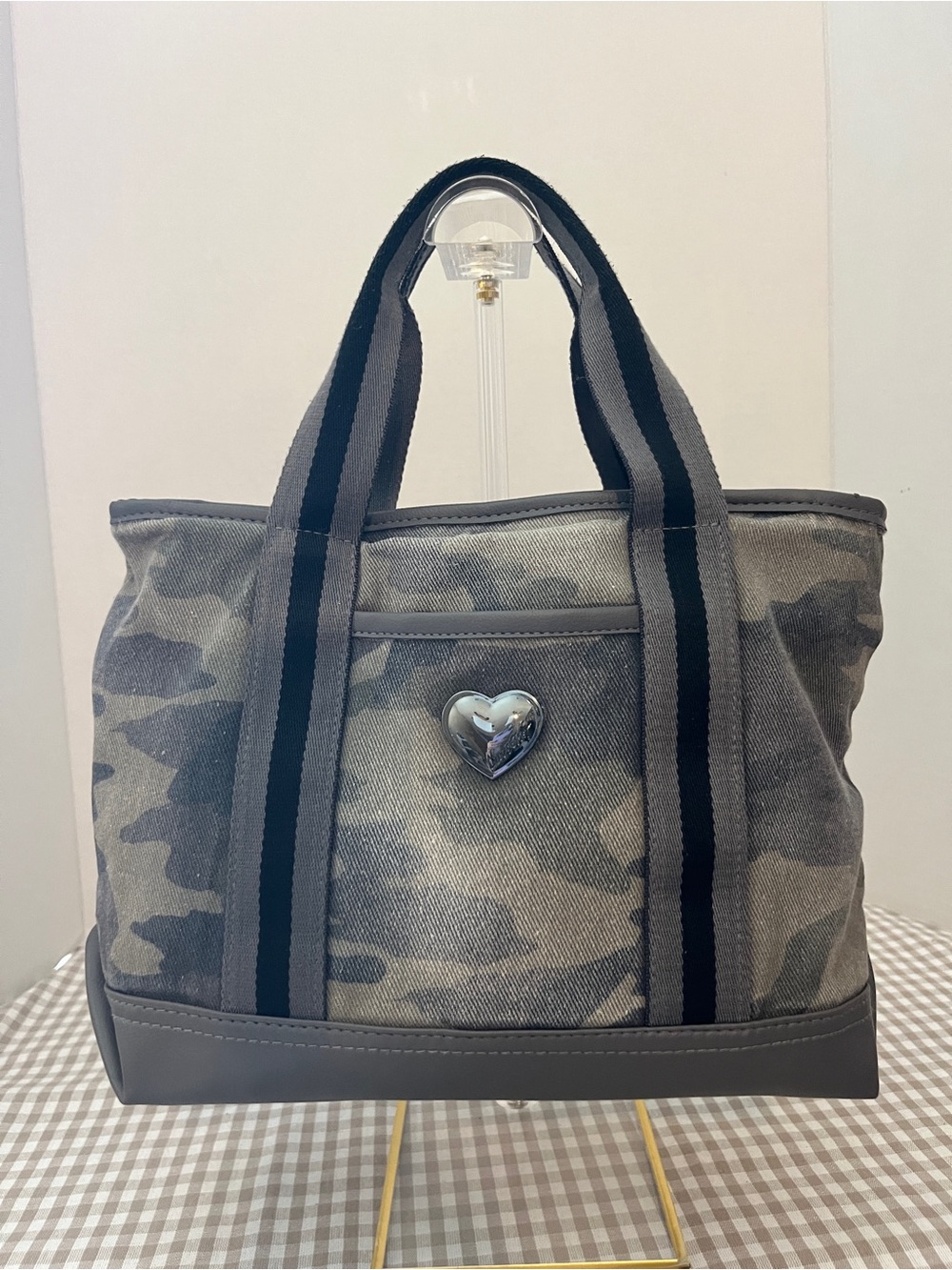 Betsey Johnson distressed camouflage canvas tote bag with silver heart logo